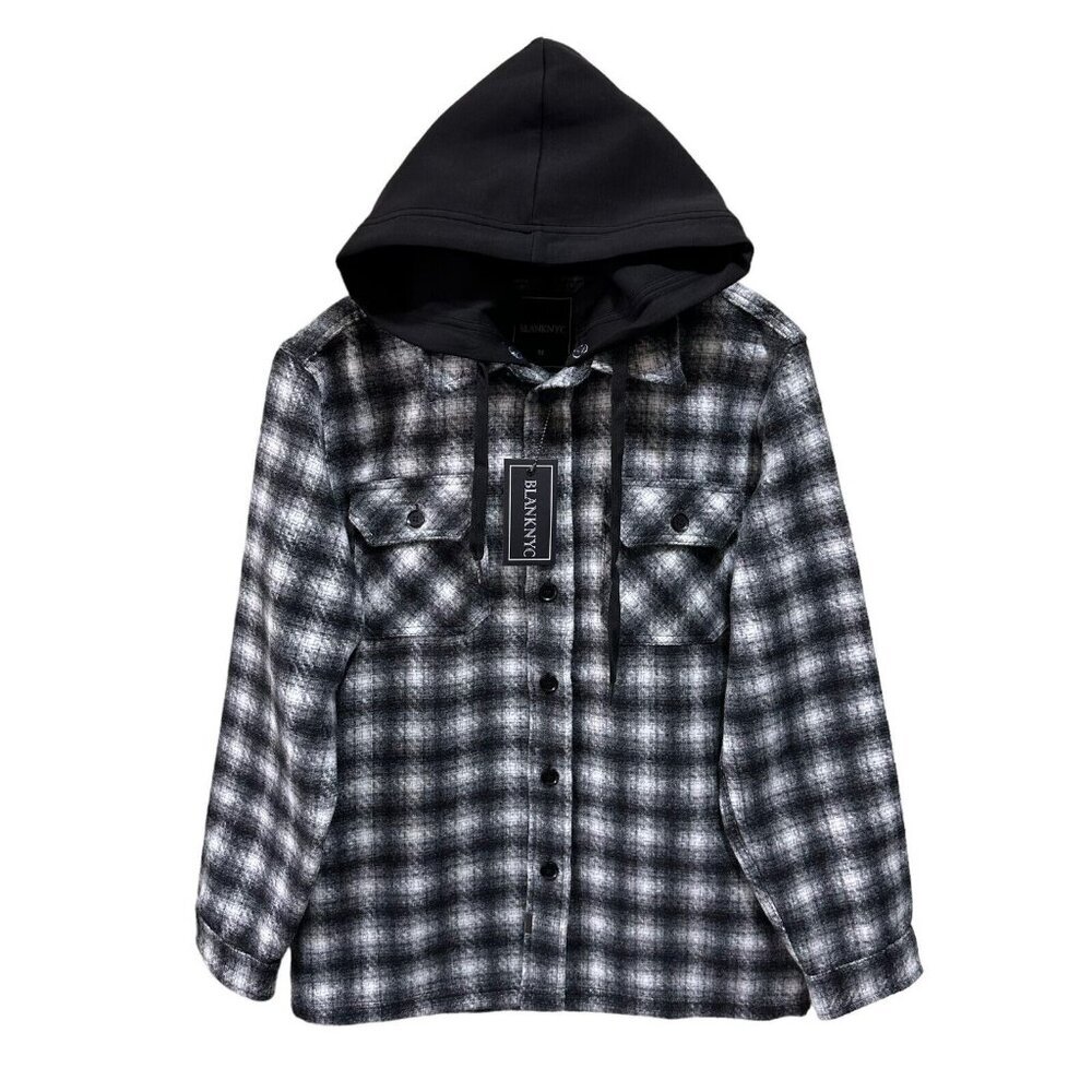 Blank NYC Size M Hooded Plaid Shirt Jacket Billingsgate Shacket Long Sleeve NWT